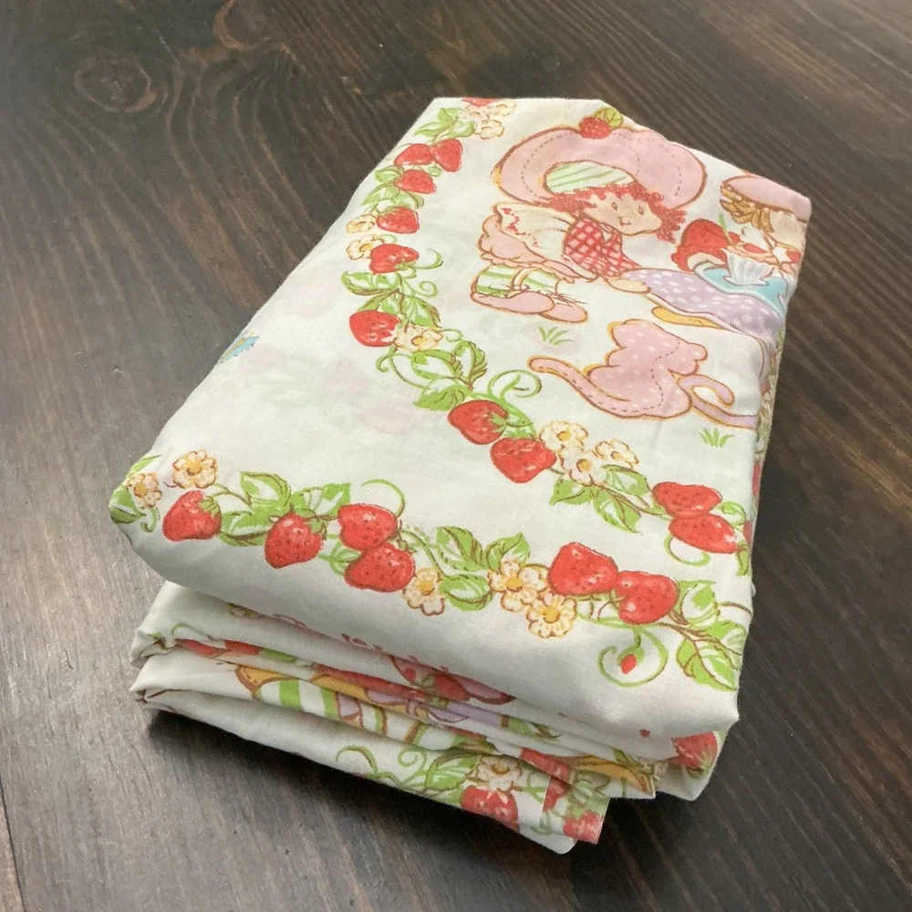 Vintage Strawberry Shortcake Twin Flat Fitted Sheet Set JCPenney 1980s Upcycle